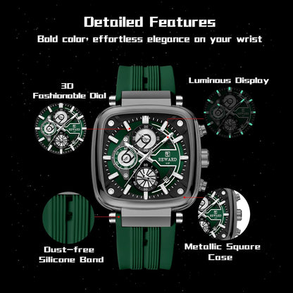 REWARD VIP Men's Chronograph Watch – Green Silicone Strap, Multi-Dial Analog Display