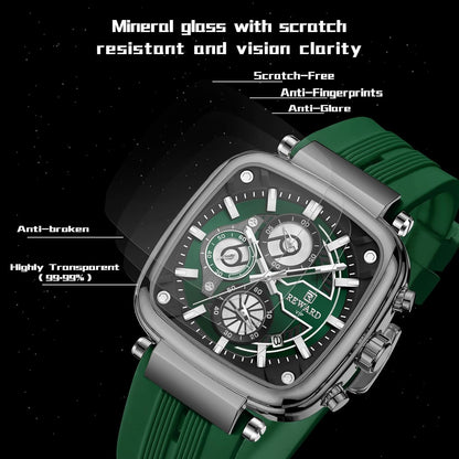 REWARD VIP Men's Chronograph Watch – Green Silicone Strap, Multi-Dial Analog Display