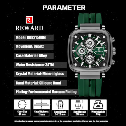 REWARD VIP Men's Chronograph Watch – Green Silicone Strap, Multi-Dial Analog Display