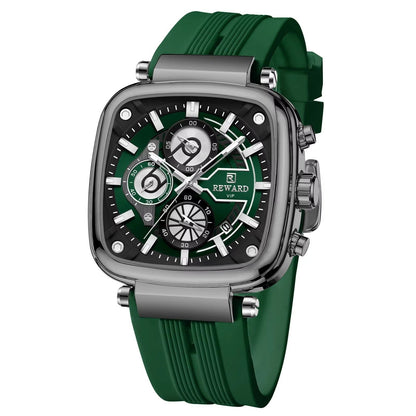 REWARD VIP Men's Chronograph Watch – Green Silicone Strap, Multi-Dial Analog Display